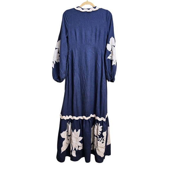 Farm Rio Embroidered Pineapple Blue & White Puff Sleeve Maxi Dress $348 Small - Picture 4 of 5